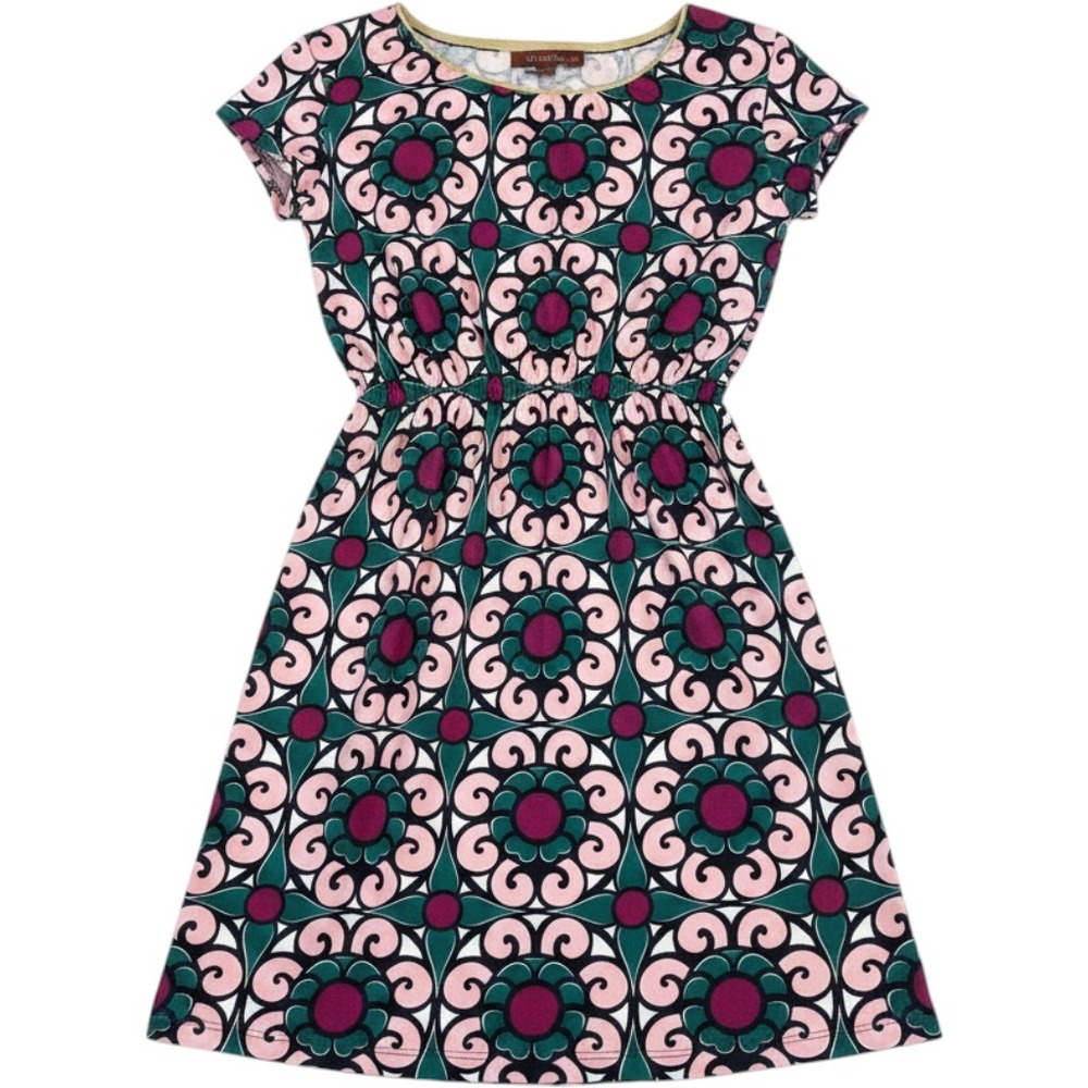 Tea Collection‎ Girls Pink Green Floral Medallion Cotton Dress Gold Trim Size 8